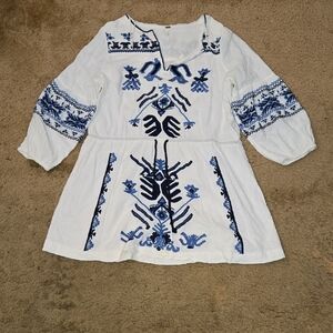 Free People White and Blue Embroidered Dress